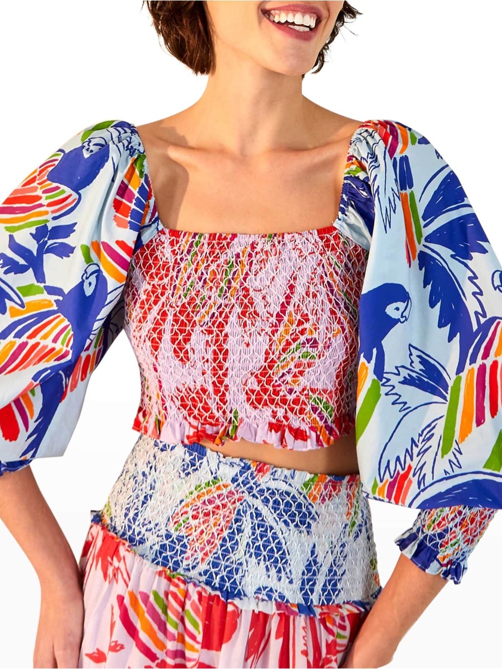 Farm Rio Mixed Print Smocked Cotton Crop Top Puff Sleeve Medium NWT - Picture 4 of 12
